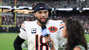 Sep 28, 2025; Paradise, Nevada, USA; Chicago Bears quarterback Caleb Williams (18) is interviewed after the game against Las Vegas Raiders at Allegiant Stadium. Mandatory Credit: Kiyoshi Mio-Imagn Images