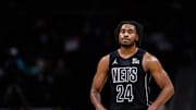 Mar 8, 2025; Charlotte, North Carolina, USA; Brooklyn Nets guard Cam Thomas (24) looks on during a break against the Charlotte Hornets during the second quarter at Spectrum Center. Mandatory Credit: Scott Kinser-Imagn Images