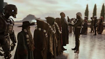 (L-R) SM-33 (Nick Frost), Wim (Ravi Cabot-Conyers), Neel (Robert Timothy Smith), Fern (Ryan Kiera Armsttrong), KB (Kyriana Kratter) and Jod (Jude Law) in Lucasfilm’s STAR WARS: SKELETON CREW, exclusively on Disney+. Photo by Matt Kennedy. ©2024 Lucasfilm Ltd. & TM. All Rights Reserved.