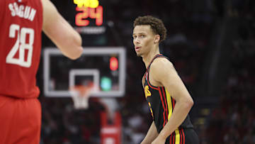 Mar 25, 2025; Houston, Texas, USA; Atlanta Hawks guard Dyson Daniels (5) reacts after scoring a basket during the fourth quarter against the Houston Rockets