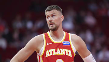 Atlanta Hawks forward/center Kristaps Porzingis reacts during the second quarter against the Houston Rockets at Toyota Center.