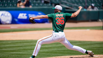 May 23, 2024; Charlotte, NC, USA; Miami (Fl) Hurricanes pitcher Nick Robert (36) comes in as relief in the seventh inning against the Clemson Tigers during the ACC Baseball Tournament at Truist Field. Mandatory Credit: Scott Kinser-Imagn Images