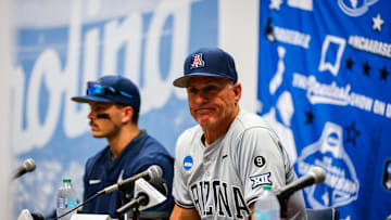 Jun 8, 2025; Chapel Hill, NC, USA;  Arizona head coach Chip Hale and  infielder Garen Caulfield (1) interview with the media after a Super Regionals game against North Carolina in Chapel Hill, North Carolina. Mandatory Credit: Jaylynn Nash-Imagn Images