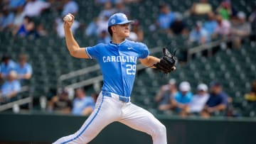May 23, 2024; Charlotte, NC, USA; North Carolina Tar Heels pitcher Jason DeCaro (29) pitches against the Pittsburgh Panthers in the second inning during the ACC Baseball Tournament at Truist Field. Mandatory Credit: Scott Kinser-USA TODAY Sports