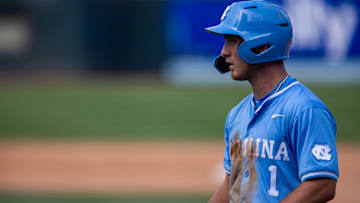 May 23, 2024; Charlotte, NC, USA; North Carolina Tar Heels infielder Alex Madera (1) in the sixth inning against the Pittsburgh Panthers during the ACC Baseball Tournament at Truist Field. Mandatory Credit: Scott Kinser-Imagn Images