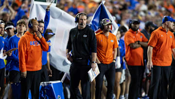 Oct 19, 2024; Gainesville, Florida, USA; Florida Gators head coach Billy Napier looks on against the Kentucky Wildcats during the first half at Ben Hill Griffin Stadium. Mandatory Credit: Matt Pendleton-Imagn Images
