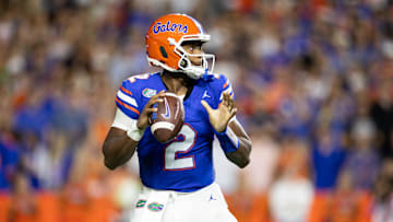 Oct 19, 2024; Gainesville, Florida, USA; Florida Gators quarterback DJ Lagway (2) looks to throw against the Kentucky Wildcats during the first half at Ben Hill Griffin Stadium. Mandatory Credit: Matt Pendleton-Imagn Images