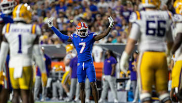 Nov 16, 2024; Gainesville, Florida, USA; Florida Gators defensive back Trikweze Bridges (7) gestures against the LSU Tigers during the second half at Ben Hill Griffin Stadium. Mandatory Credit: Matt Pendleton-Imagn Images