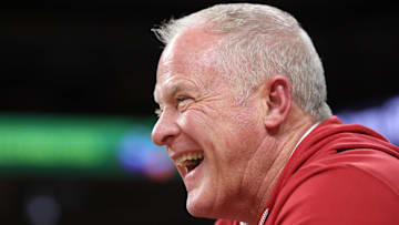 Nov 14, 2025; Fayetteville, Arkansas, USA; Arkansas Razorbacks Vice Chancellor and Director of Athletics Hunter Yurachek during the second half against the Samford Bulldogs at Bud Walton Arena. Arkansas won 79-75. Mandatory Credit: Nelson Chenault-Imagn Images