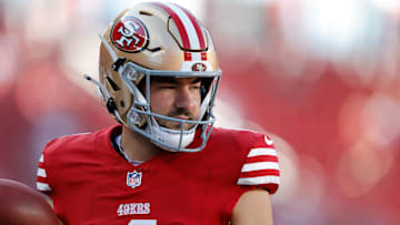 San Francisco 49ers place kicker Jake Moody (4) before a game against the Los Angeles Chargers at Levi's Stadium.