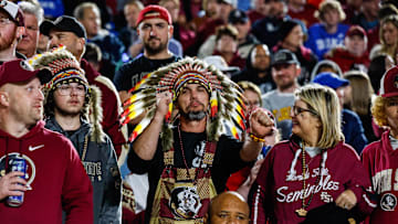 Oct 18, 2024; Durham, North Carolina, USA;  Florida State Seminoles fans during the second half of the game against Duke Blue Devils at Wallace Wade Stadium. Mandatory Credit: Jaylynn Nash-Imagn Images