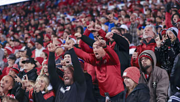 Nov 9, 2024; Salt Lake City, Utah, USA; Utah Utes fans react after a play against the Brigham Young Cougars during the second quarter at Rice-Eccles Stadium. Mandatory Credit: Rob Gray-Imagn Images
