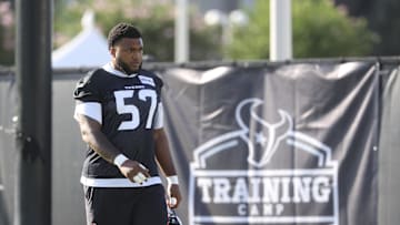 Jul 23, 2025; Houston, TX, USA;  Houston Texans tackle Blake Fisher (57) during training camp at Houston Methodist Training Center. Mandatory Credit: Troy Taormina-Imagn Images