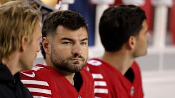 Dec 30, 2024; Santa Clara, California, USA; San Francisco 49ers place kicker Jake Moody (4) sits on the bench after missing a field goal during the fourth quarter against the Detroit Lions at Levi's Stadium. Mandatory Credit: Sergio Estrada-Imagn Images