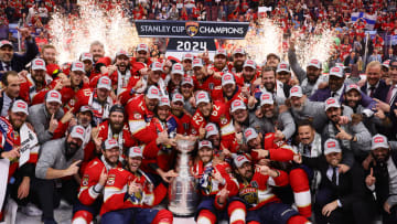 Jun 24, 2024; Sunrise, Florida, USA; The Florida Panthers celebrate wininng the Stanley Cup against the Edmonton Oilers in game seven of the 2024 Stanley Cup Final at Amerant Bank Arena. Mandatory Credit: Jim Rassol-USA TODAY Sports