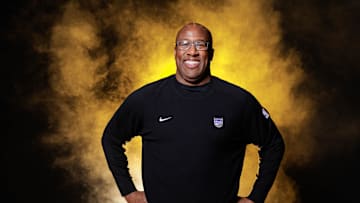 Sep 30, 2024; Sacramento, CA, USA; Sacramento Kings head coach Mike Brown during media day at Golden 1 Center. Mandatory Credit: Sergio Estrada-Imagn Images