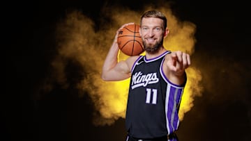 Sep 30, 2024; Sacramento, CA, USA; Sacramento Kings forward Domantas Sabonis (11) during media day at Golden 1 Center. Mandatory Credit: Sergio Estrada-Imagn Images