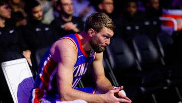 Feb 21, 2025; Sacramento, California, USA; Sacramento Kings forward Domantas Sabonis (11) during player introductions before the game against the Golden State Warriors at Golden 1 Center. Mandatory Credit: Sergio Estrada-Imagn Images