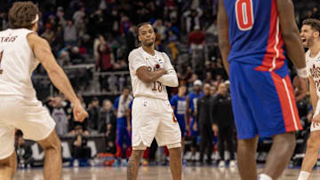 Feb 5, 2025; Detroit, Michigan, USA; Cleveland Cavaliers guard Darius Garland (10) folds his arms after hitting a three point buzzer beating basket to win the game against the Detroit Pistons during the second half at Little Caesars Arena. Mandatory Credit: David Reginek-Imagn Images
