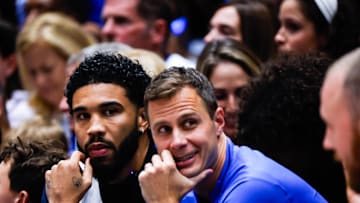 Oct 3, 2025; Durham, NC, USA;  Jayson Tatum, NBA Boston Celtics Player helps coach alongside Duke Blue Devils head coach Jon Scheyer during the Countdown to Craziness at the Cameron Indoor Stadium. Mandatory Credit: Jaylynn Nash-Imagn Images