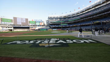 Oct 11, 2022; Bronx, New York, USA; Major League Baseball postseason signage is seen on the field before game one of the ALDS between the New York Yankees and the Cleveland Guardians for the 2022 MLB Playoffs at Yankee Stadium. Mandatory Credit: Vincent Carchietta-USA TODAY Sports