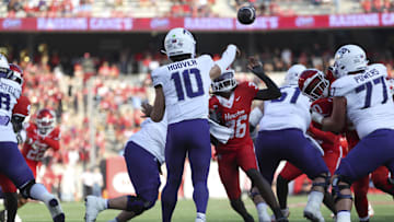Nov 22, 2025; Houston, Texas, USA; TCU Horned Frogs quarterback Josh Hoover (10) passes the ball during the first quarter against the Houston Cougars at TDECU Stadium. Mandatory Credit: Troy Taormina-Imagn Images
