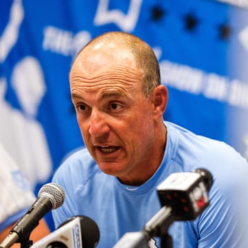 Jun 8, 2025; Chapel Hill, NC, USA;  North Carolina head coach Scott Forbes during an interview with the media after a Super Regionals game against North Carolina in Chapel Hill, North Carolina. Scott Forbes also celebrates his 200th win. Mandatory Credit: Jaylynn Nash-Imagn Images