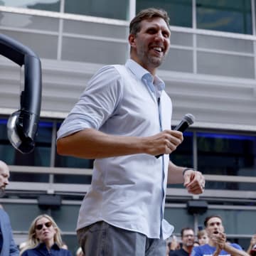 Jun 12, 2024; Dallas, Texas, USA; Former NBA player Dirk Nowitzki before game three of the 2024 NBA Finals between the Boston Celtics and Dallas Mavericks at American Airlines Center. Mandatory Credit: Jerome Miron-USA TODAY Sports