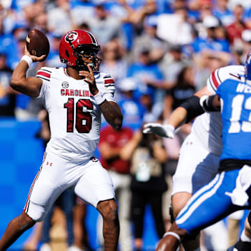 Sep 7, 2024; Lexington, Kentucky, USA; South Carolina Gamecocks quarterback LaNorris Sellers (16) throws a pass during the first quarter against the Kentucky Wildcats at Kroger Field. Mandatory Credit: Jordan Prather-Imagn Images