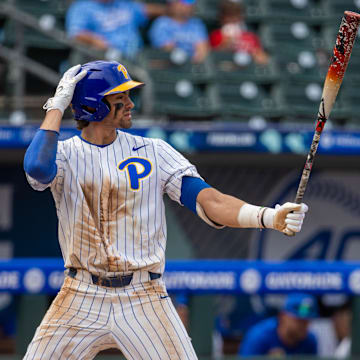 May 23, 2024; Charlotte, NC, USA; Pittsburgh Panthers infielder Ryan Zuckerman (14) at bat in the sixth inning against the North Carolina Tar Heels during the ACC Baseball Tournament at Truist Field. Mandatory Credit: Scott Kinser-Imagn Images