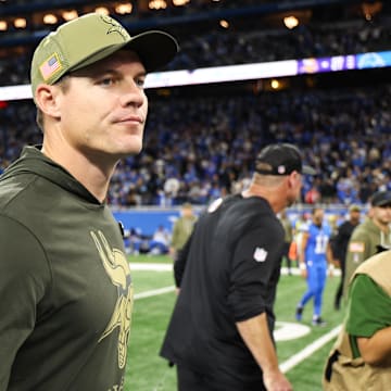 Nov 2, 2025; Detroit, Michigan, USA; Minnesota Vikings head coach Kevin O'Connell looks on after the match against the Detroit Lions at Ford Field. Mandatory Credit: David Reginek-Imagn Images