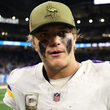 Nov 2, 2025; Detroit, Michigan, USA; Minnesota Vikings quarterback J.J. McCarthy (9) walks off the field after the game against the Detroit Lions at Ford Field. Mandatory Credit: David Reginek-Imagn Images