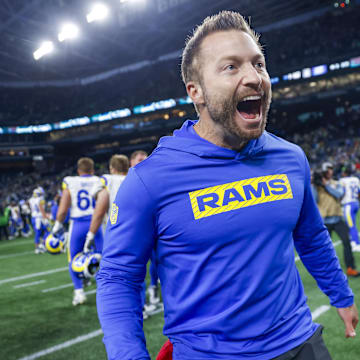 Nov 3, 2024; Seattle, Washington, USA; Los Angeles Rams head coach Sean McVay celebrates following an overtime victory against the Seattle Seahawks at Lumen Field. Mandatory Credit: Joe Nicholson-Imagn Images