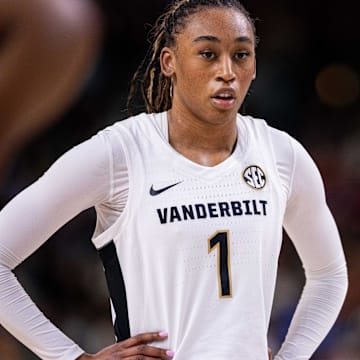 Mar 6, 2025; Greenville, SC, USA; Vanderbilt Commodores guard Mikayla Blakes (1) looks on during a free throw in the second half against the Tennessee Lady Vols at Bon Secours Wellness Arena. Mandatory Credit: Scott Kinser-Imagn Images