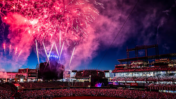 A Fourth of July fireworks show after the Colorado Rockies lost to the Chicago White Sox at Coors Field.  
