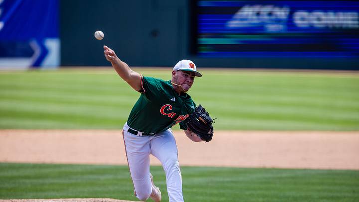 May 23, 2024; Charlotte, NC, USA; Miami (Fl) Hurricanes pitcher Nick Robert (36) in the seventh inning against the Clemson Tigers during the ACC Baseball Tournament at Truist Field. Mandatory Credit: Scott Kinser-Imagn Images