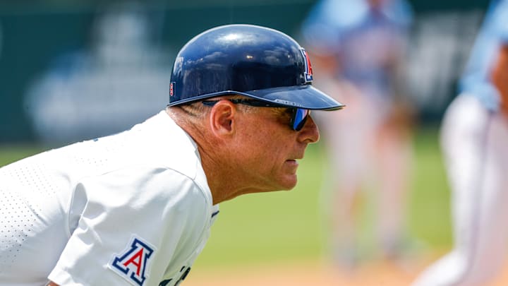 Jun 7, 2025; Chapel Hill, NC, USA; Arizona Head Coach Chip Hale looks on during the third inning of the Super Regionals game against North Carolina in Chapel Hill, North Carolina. Mandatory Credit: Jaylynn Nash-Imagn Images