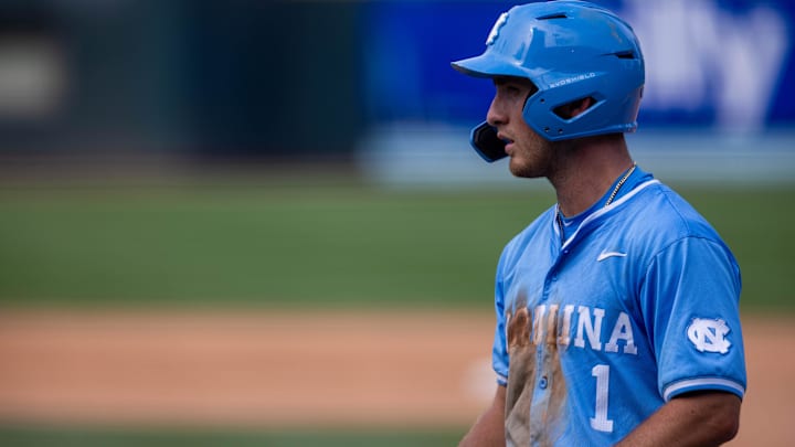 May 23, 2024; Charlotte, NC, USA; North Carolina Tar Heels infielder Alex Madera (1) in the sixth inning against the Pittsburgh Panthers during the ACC Baseball Tournament at Truist Field. Mandatory Credit: Scott Kinser-Imagn Images