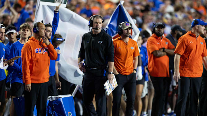 Oct 19, 2024; Gainesville, Florida, USA; Florida Gators head coach Billy Napier looks on against the Kentucky Wildcats during the first half at Ben Hill Griffin Stadium. Mandatory Credit: Matt Pendleton-Imagn Images