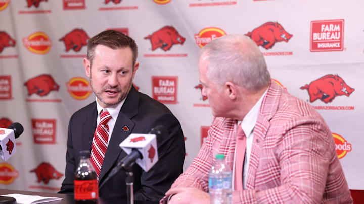 Dec 4, 2025; Fayetteville, AR, USA; Arkansas Razorbacks head coach Ryan Silverfield during his introductory press conference along with vice chancellor and director of athletics Hunter Yurachek at Frank Broyles Center. Mandatory  Credit: Nelson Chenault-Imagn Images
