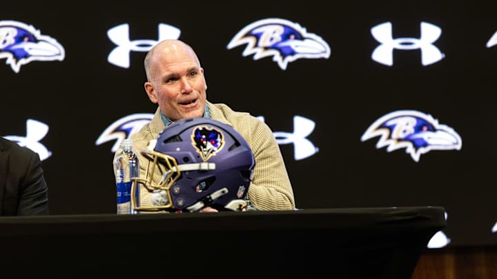 Jan 29, 2026; Owings Mills, MD, USA; Eric DeCosta at press conference discussing future of Baltimore Ravens at Under Armour Performance Center. Mandatory Credit: Lexi Thompson-Imagn Images