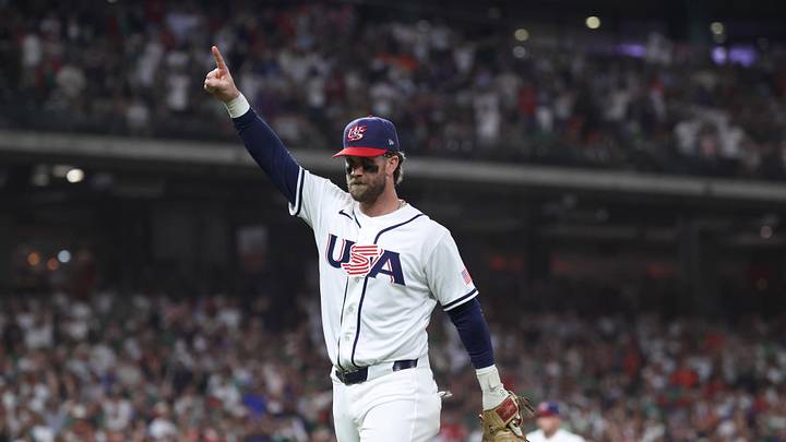 Mar 9, 2026; Houston, TX, United States; United States infielder Bryce Harper (24) reacts in the third inning against Mexico at Daikin Park. Mandatory Credit: Troy Taormina-Imagn Images