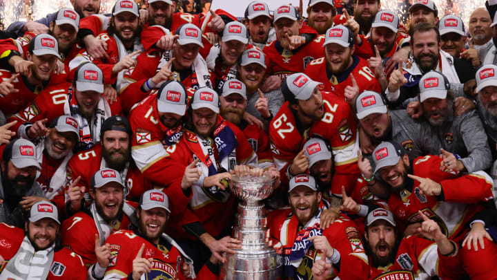 The Florida Panthers celebrate winning the first Stanley Cup title in franchise history with their Game 7 victory against the Edmonton Oilers.