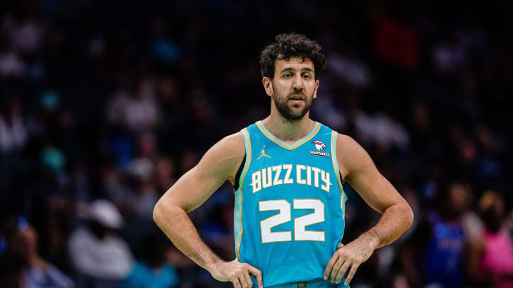 Apr 7, 2024; Charlotte, North Carolina, USA; Charlotte Hornets guard Vasilije Micic (22) during the second quarter against the Oklahoma City Thunder at Spectrum Center. Mandatory Credit: Scott Kinser-USA TODAY Sports