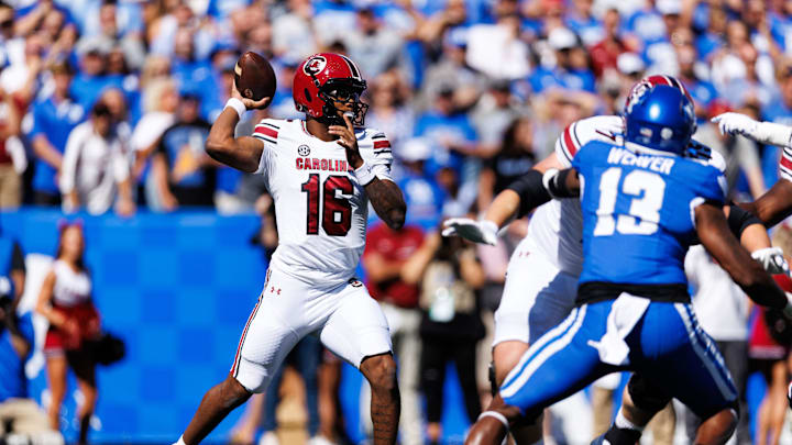 Sep 7, 2024; Lexington, Kentucky, USA; South Carolina Gamecocks quarterback LaNorris Sellers (16) throws a pass during the first quarter against the Kentucky Wildcats at Kroger Field. Mandatory Credit: Jordan Prather-Imagn Images