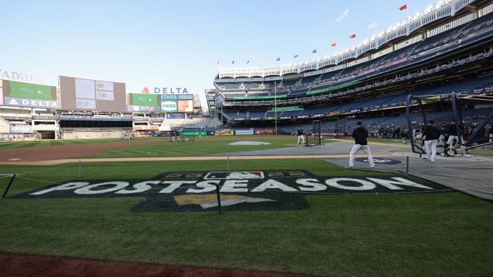 Oct 11, 2022; Bronx, New York, USA; Major League Baseball postseason signage is seen on the field before game one of the ALDS between the New York Yankees and the Cleveland Guardians for the 2022 MLB Playoffs at Yankee Stadium. Mandatory Credit: Vincent Carchietta-USA TODAY Sports