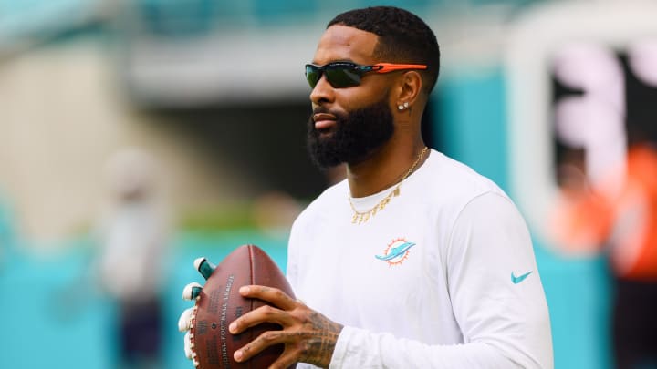 Aug 17, 2024; Miami Gardens, Florida, USA; Miami Dolphins wide receiver Odell Beckham Jr. (3) throws the football before preseason game against the Washington Commanders at Hard Rock Stadium. Mandatory Credit: Sam Navarro-USA TODAY Sports