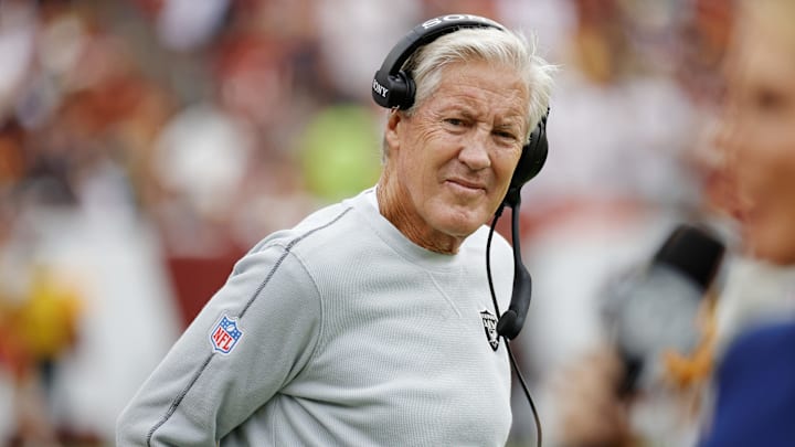 Sep 21, 2025; Landover, Maryland, USA; The Las Vegas Raiders head coach Pete Carroll looks on from the sidelines during the first half against the Washington Commanders at Northwest Stadium. Mandatory Credit: Amber Searls-Imagn Images