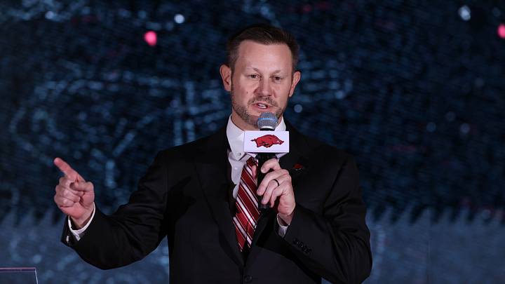 Dec 1, 2025; Fayetteville, AR, USA; Arkansas Razorbacks head football coach Ryan Silverfield during his introduction at a public celebration in the Walker Indoor Pavilion. Mandatory Credit: Nelson Chenault-Imagn Images