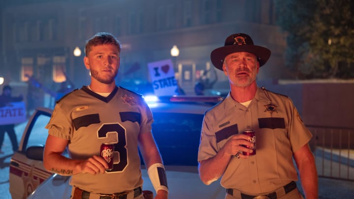 Quinn Ewers (left) and Brian Bosworth star in Season 7 of Dr Pepper's Fansville commercial series. (Courtesy of Dr Pepper)